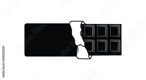 A partially unwrapped chocolate bar with visible squares depicted in stark contrast silhouette high quality professional