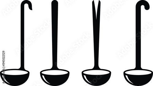 Set of black silhouette kitchen soup ladle icons with various handle designs for cooking serving utensils and restaurant menu graphics