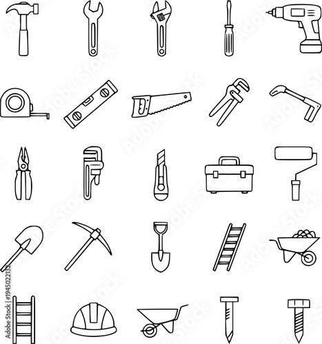 Essential construction and home improvement tools, a comprehensive vector drawing collection of equipment for repair and maintenance projects