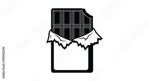 A black and white graphic depicts a broken chocolate bar with wrapper minimalist silhouette high quality