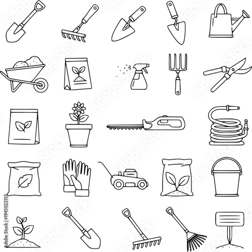 Essential gardening tools and supplies collection featuring clean outline vector illustrations for horticulture, plant care, and backyard farming activities