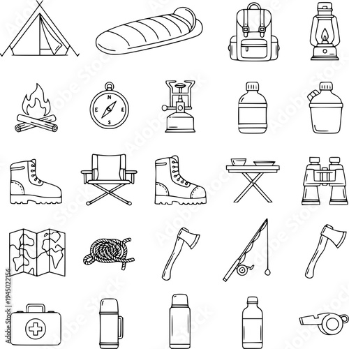 Camping and Hiking Gear Icons in Black and White Outline Style