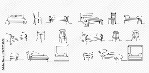 Continuous line drawing of various furniture pieces, including beds, chairs, sofas, and ottomans, for home interior design.