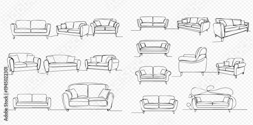 Set of hand-drawn sofa and couch sketches on a transparent background, perfect for interior design concepts and furniture illustrations.