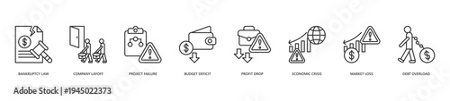 Business Failure Icon Set. Icon set includes Bankruptcy Law, Company Layoff, Project Failure, Budget Deficit, Profit Drop, Economic Crisis, Market Loss, Debt Overload.
