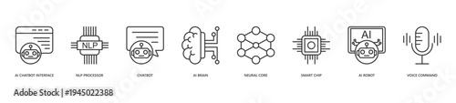 AI Agent Icon Set. Icon set includes Ai Chatbot Interface, Nlp Processor, Chatbot, Ai Brain, Neural Core, Smart Chip, Ai Robot, Voice Command.