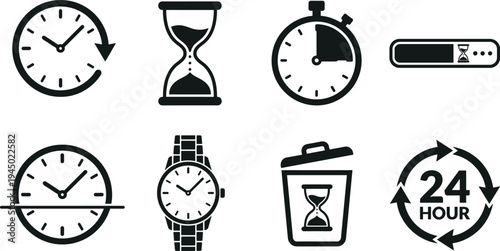 Set of black time management icons featuring clock hourglass stopwatch wristwatch and 24 hour symbols for business productivity and interface design