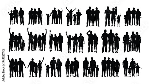 Collection of diverse human silhouettes in various poses and gestures on a white background