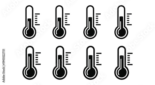 Set of eight vector thermometer icons illustrating different temperature readings in a simple graphic design.