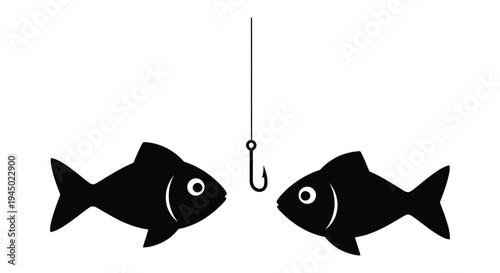 Black vector graphic illustration showing two opposing fish facing a dangling, sharp fishing hook temptation