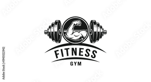 Vintage-style vector graphic emblem design featuring a muscular arm lifting a heavy dumbbell