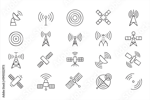 Telecommunication antenna line icon set for network control panels, mobile carrier apps and broadcast systems