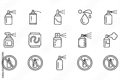 Liquid spray container and mist sprayer outline icons for sanitizer products and health safety graphics