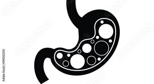 Simple black and white vector graphic illustration depicting the internal structure of a human stomach organ
