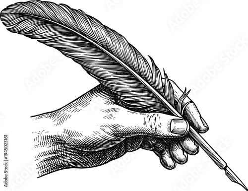 Vintage woodcut style illustration of a hand holding a quill pen isolated on white background for literature, poetry, law, and historical writing projects.