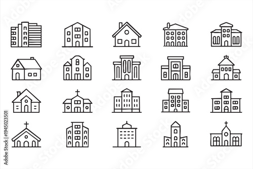 City building and residential house line icons for real estate interfaces and urban development graphics