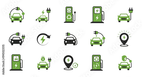 Eco-friendly electric car and charging station vector illustration set for green energy design.