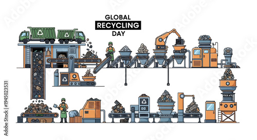 Illustration of a sustainable recycling process on Global Recycling Day, showcasing various eco-friendly recycling practices and waste management concepts in an industrial setting.