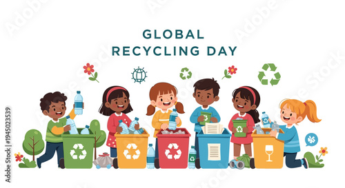 Illustration of business professionals engaged in sustainable recycling practices on Global Recycling Day with eco-friendly symbols and recycle icons in a circular economy concept.