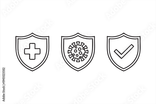 Protection shield line icons for healthcare security systems, virus defense visuals and safety certification graphics