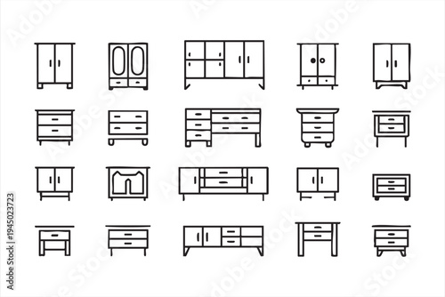 Dresser, cupboard and wardrobe outline icons for home storage graphics and furnishing systems
