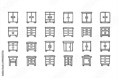 Home storage furniture icon set with drawers, cabinets and bedside units for interior visuals