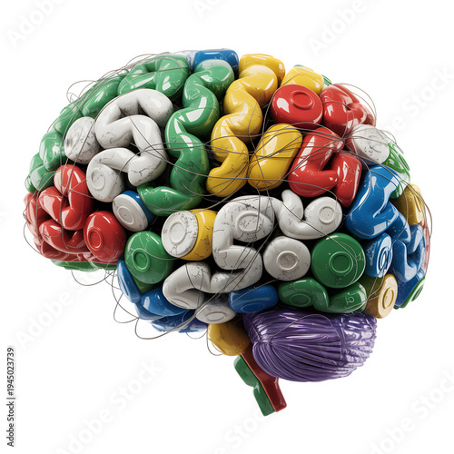 Colorful Brain Model Made from Stacked Candy Wrappers Isolated on White