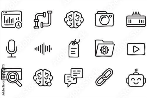 Analytics dashboard and artificial intelligence outline icons for digital platforms and technology interfaces