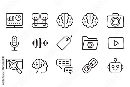 Audio, video and artificial intelligence line icons for digital media platforms and technology dashboards