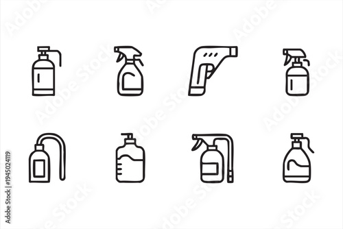 Spray cleaner and liquid dispenser outline icons for sanitation systems and household cleaning equipment