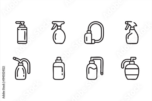 Sanitizer spray and liquid container line icons for sanitation equipment and household cleaning systems