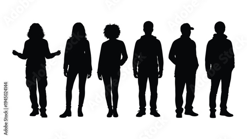 A group of six people standing in a line, depicted in black silhouettes against a white background, conveying a sense of unity and solidarity, with varying postures and attire