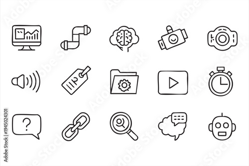 Artificial intelligence and digital media icon set for analytics systems and multimedia platforms