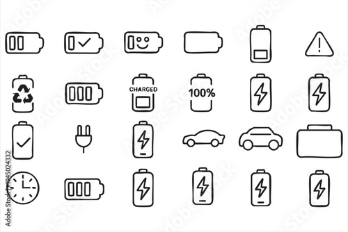 Power supply and battery charge level outline icons for digital devices and energy management systems