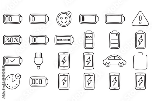 Electric battery and charging plug icon set for power technology platforms and energy monitoring systems