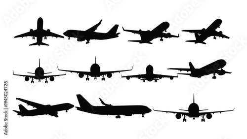 A comprehensive collection of diverse airplane silhouettes featuring various aircraft types and orientations
