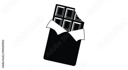 A partially unwrapped chocolate bar with broken squares depicted as a stark silhouette high quality professional