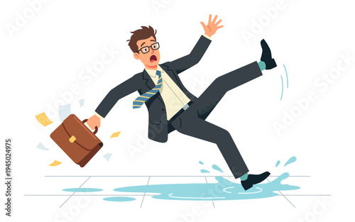 Businessman Slipping on Wet Floor Surface.