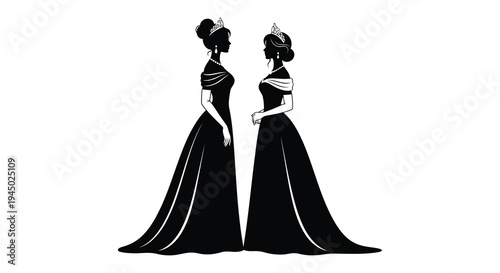 Two elegant women in formal gowns face each other in a striking black silhouette high quality