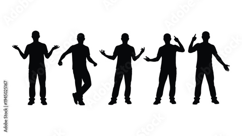 Silhouette of five dancing figures in various poses against a white background
