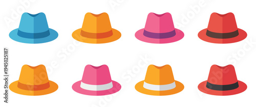 Colorful, hat icons set vector illustration, flat design fedora, top hat and cowboy hat collection, fashion and apparel branding concept, stylish headwear symbols, editable vector isolated 