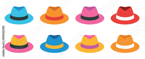Colorful, hat icon collection in flat design featuring fedora, top hat and cowboy hat styles, fashion accessories and apparel branding concept, clean editable vector illustration.