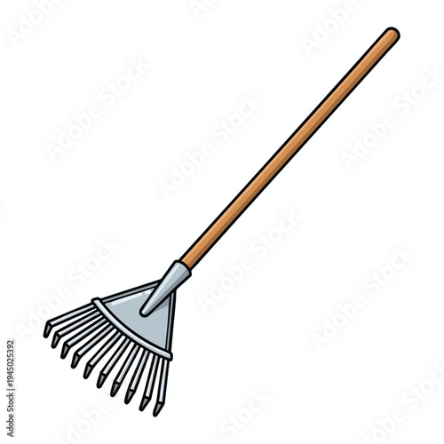 A hand-drawn illustration of a garden rake with a wooden handle and metal tines