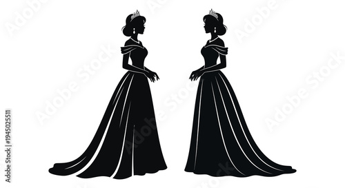 Two elegant women in formal gowns face each other in a striking black silhouette high quality