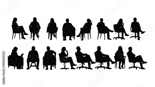 Collection of diverse office workers in various sitting positions on chairs