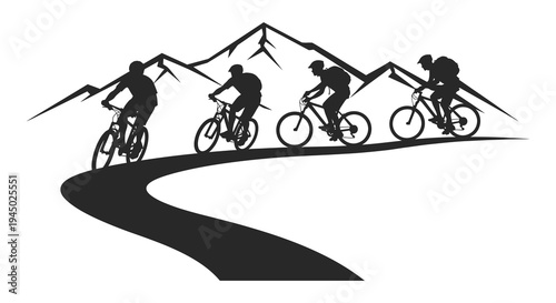Mountain bikers ride along a winding path beneath jagged peaks a striking silhouette high quality professional