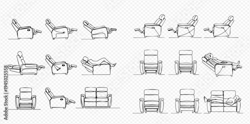 Recliner chair and sofa line art set, comfortable furniture for relaxation, vector illustration.