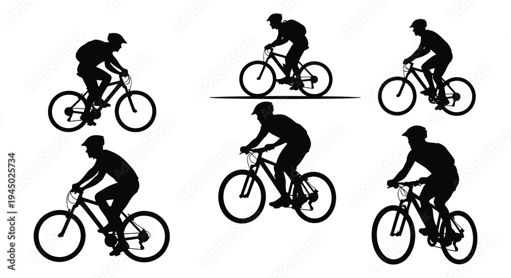 Fototapeta premium A collection of mountain bikers in various riding positions shown as a striking silhouette high quality