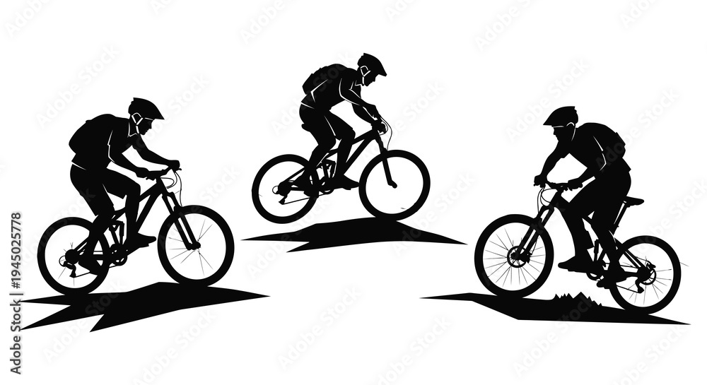 Naklejka premium Three mountain bikers in dynamic poses against a mountainous backdrop a striking silhouette high quality professional