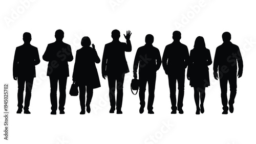 A group of business professionals walking in a line, depicted in silhouette against a white background, conveying a sense of unity and collective movement